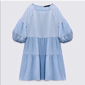 ZARA Baby Blue Baby Doll‎ Embroidered Floral Gauze Dress women’s Size Small